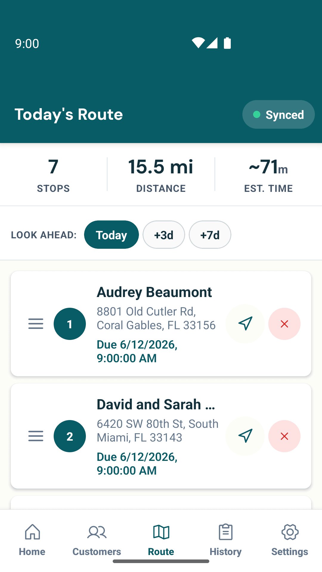 Today's service route